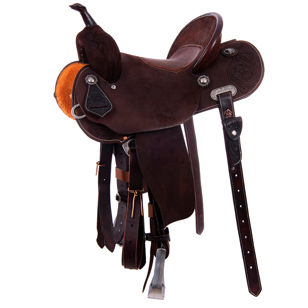 Chocolate Roughout Barrel Saddle- Round Skirts, 1/2 MW Floral, Pencil Roll, Whiskey Bison Inlay