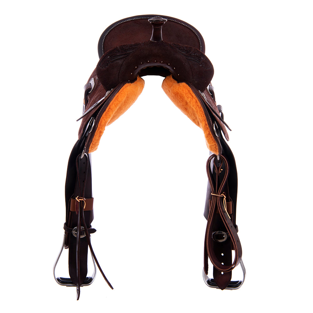 Chocolate Roughout Barrel Saddle- Round Skirts, 1/2 MW Floral, Pencil Roll, Whiskey Bison Inlay