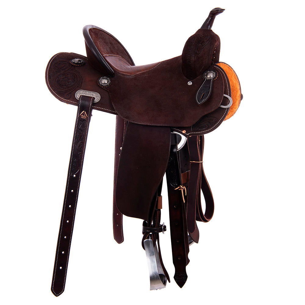 Chocolate Roughout Barrel Saddle- Round Skirts, 1/2 MW Floral, Pencil Roll, Whiskey Bison Inlay