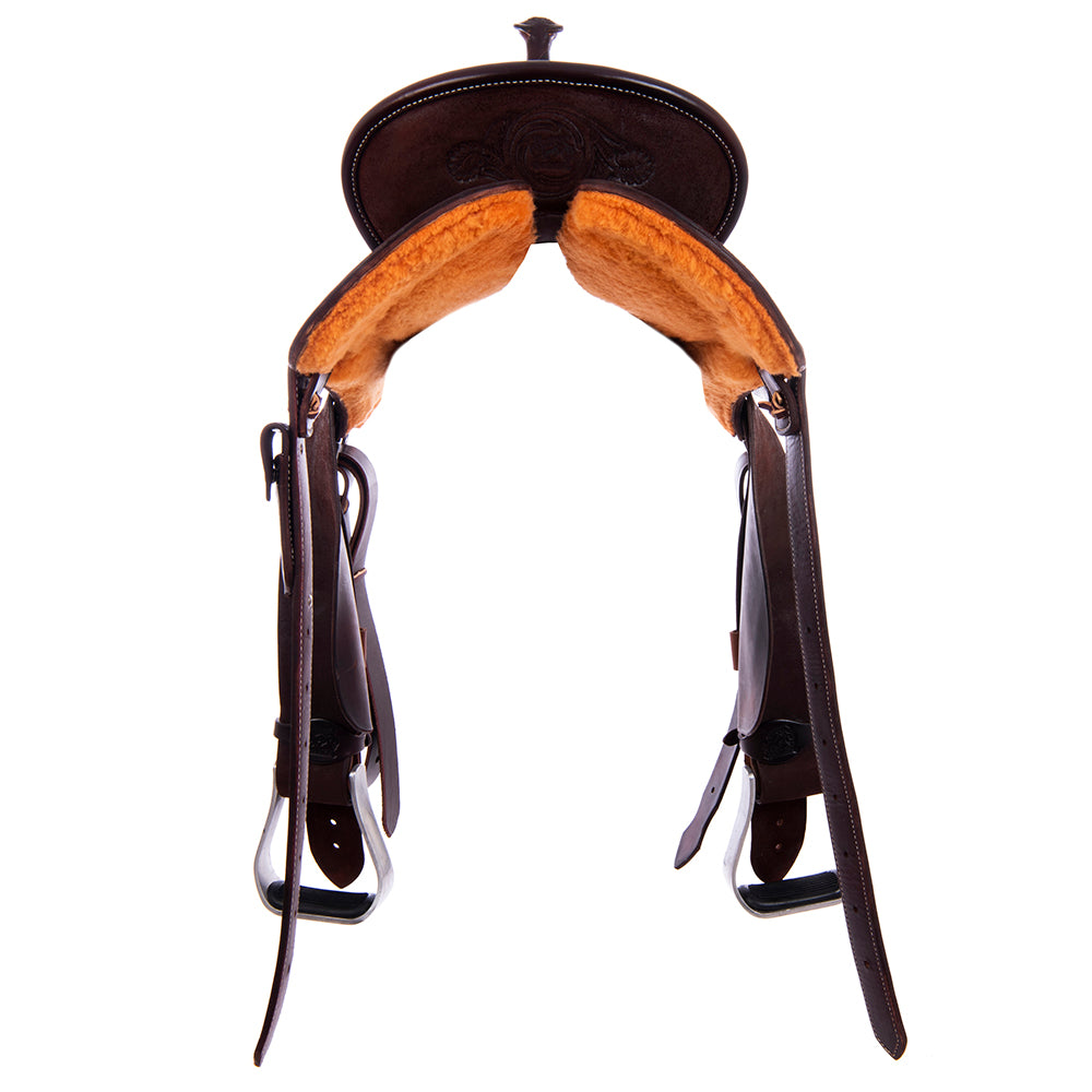 Barrel Saddle – Chocolate Roughout, Round Skirt, 1/2 MW FC Tooling, Pencil Roll Cantle, Bison Inlay