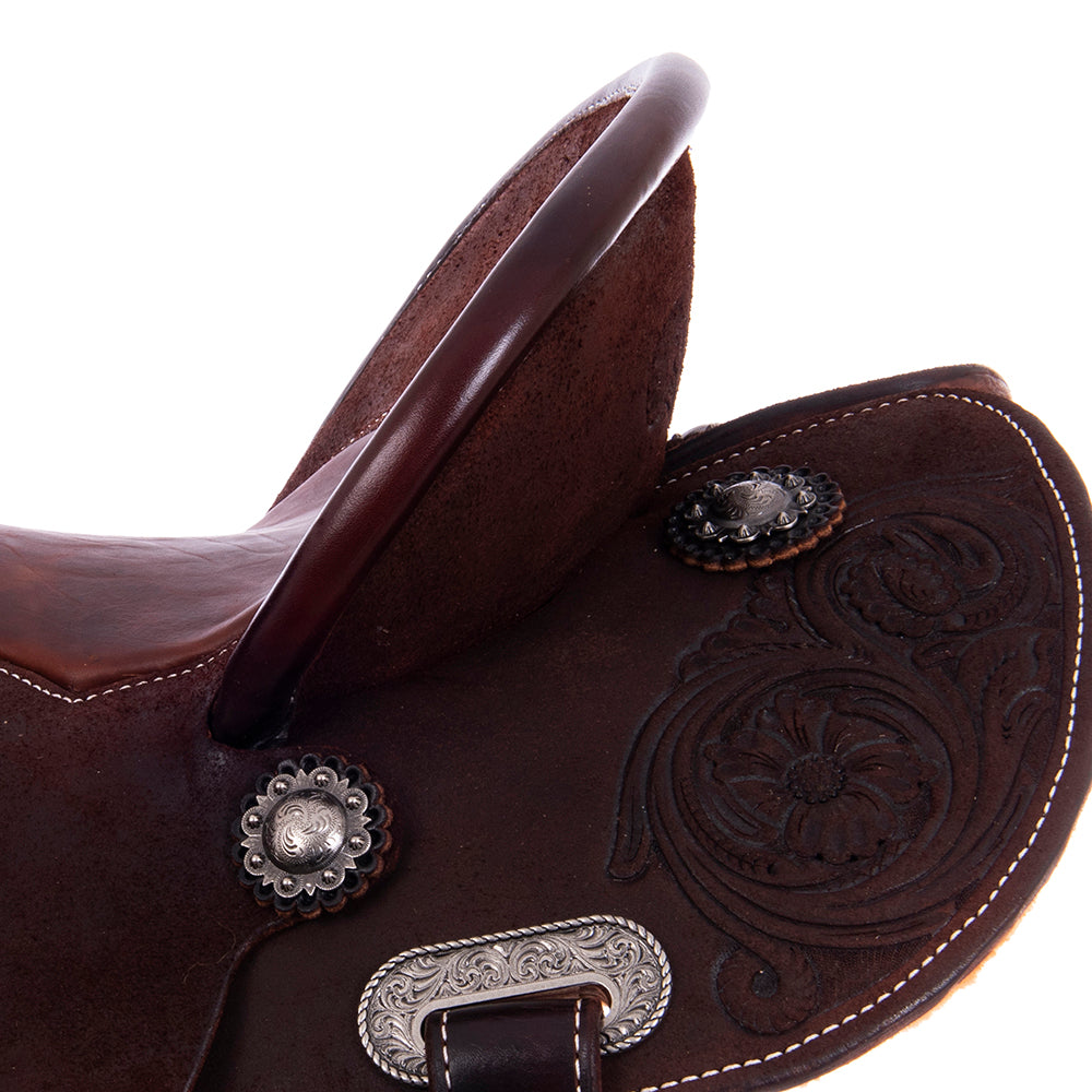 Chocolate Roughout Barrel Saddle- Round Skirts, 1/2 MW Floral, Pencil Roll, Whiskey Bison Inlay