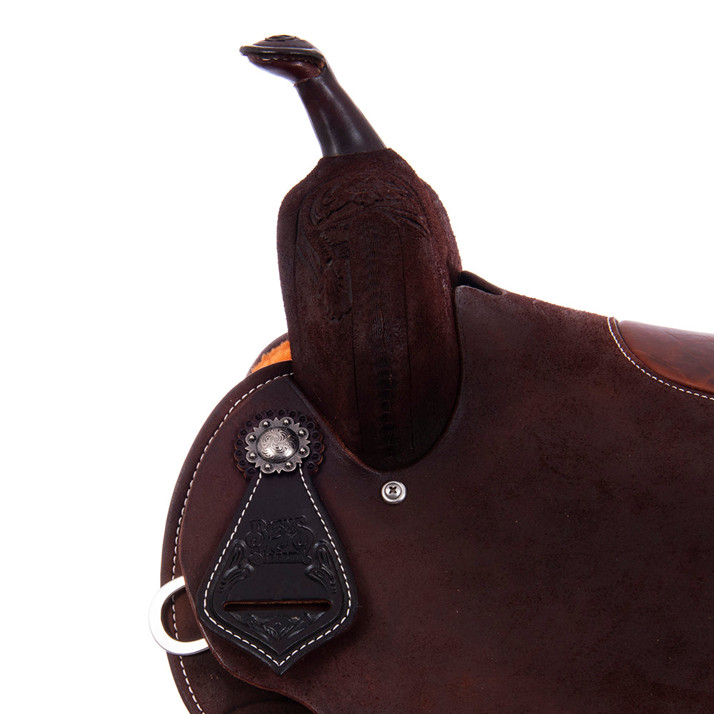 Chocolate Roughout Barrel Saddle- Round Skirts, 1/2 MW Floral, Pencil Roll, Whiskey Bison Inlay