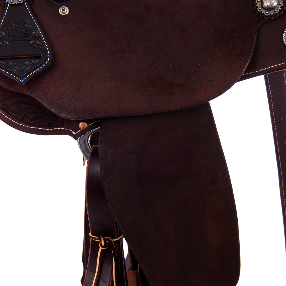 Chocolate Roughout Barrel Saddle- Round Skirts, 1/2 MW Floral, Pencil Roll, Whiskey Bison Inlay