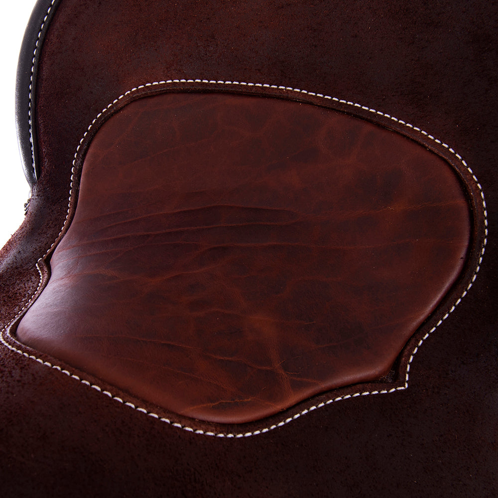 Chocolate Roughout Barrel Saddle- Round Skirts, 1/2 MW Floral, Pencil Roll, Whiskey Bison Inlay