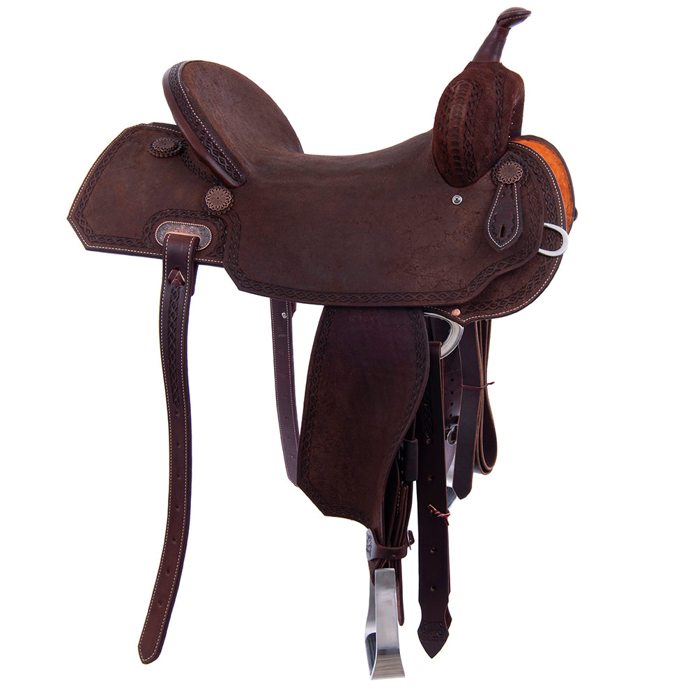 Barrel Saddle – Chocolate Roughout, Notched Skirt, DHD Tooled Border