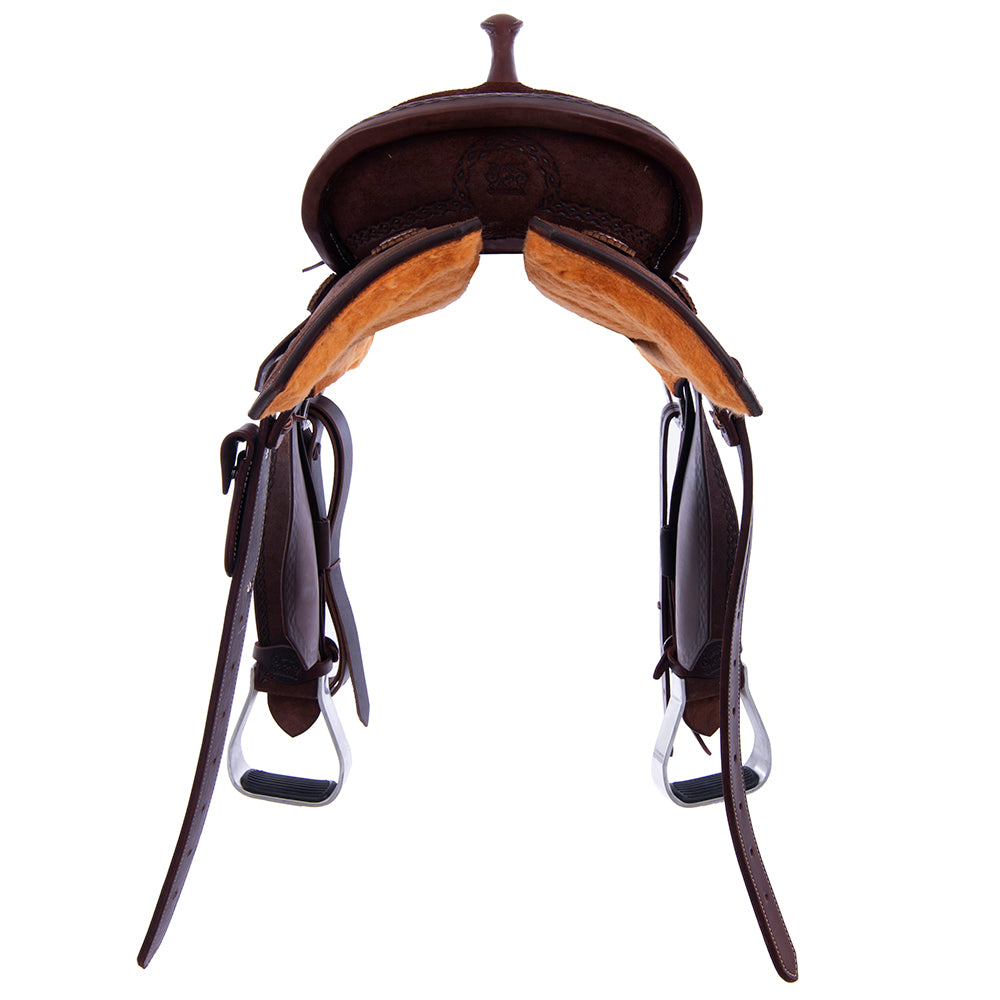 Barrel Saddle – Chocolate Roughout, Notched Skirt, DHD Tooled Border