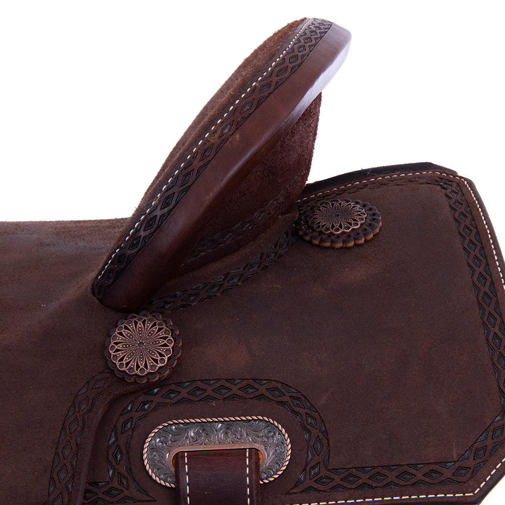 Barrel Saddle – Chocolate Roughout, Notched Skirt, DHD Tooled Border