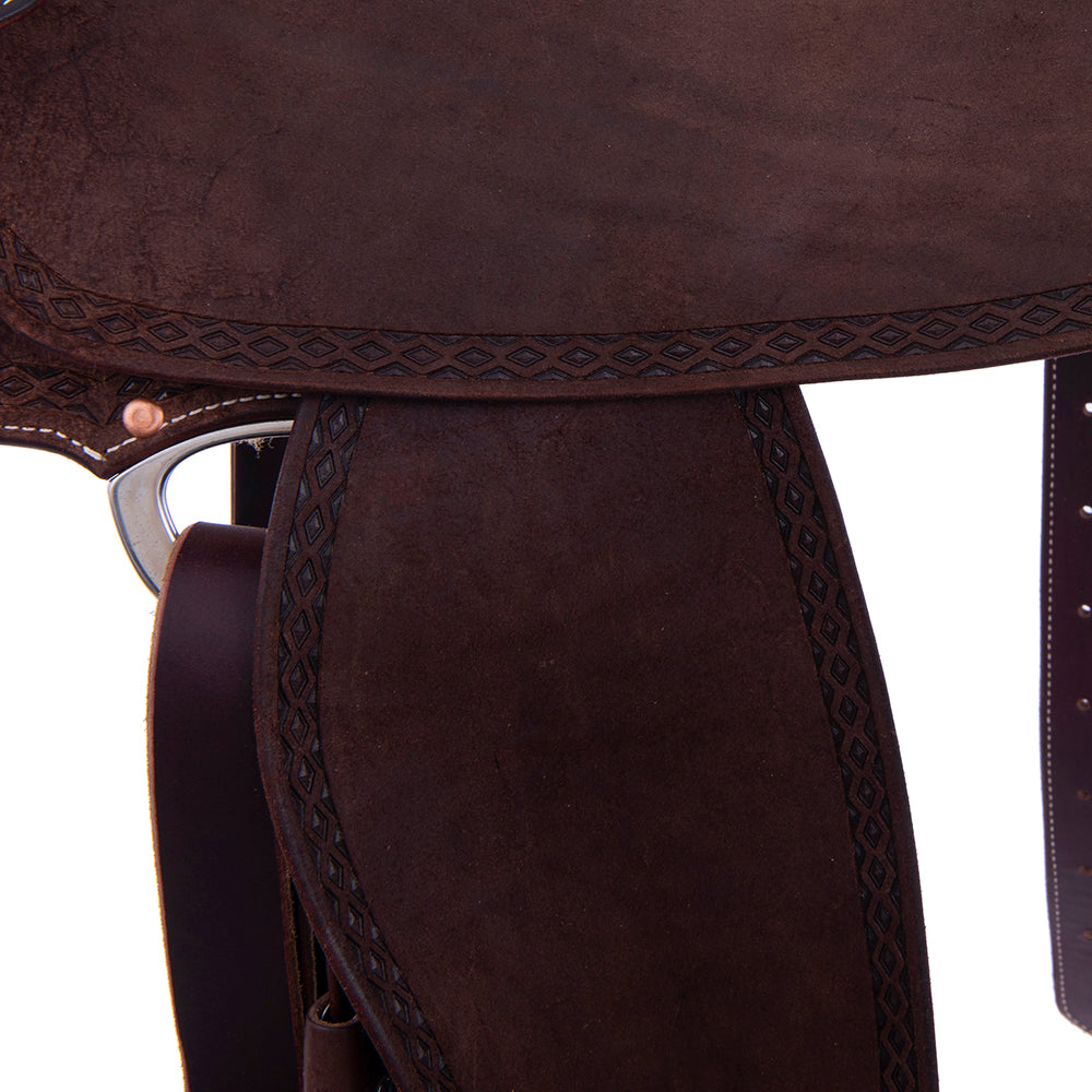Barrel Saddle – Chocolate Roughout, Notched Skirt, DHD Tooled Border