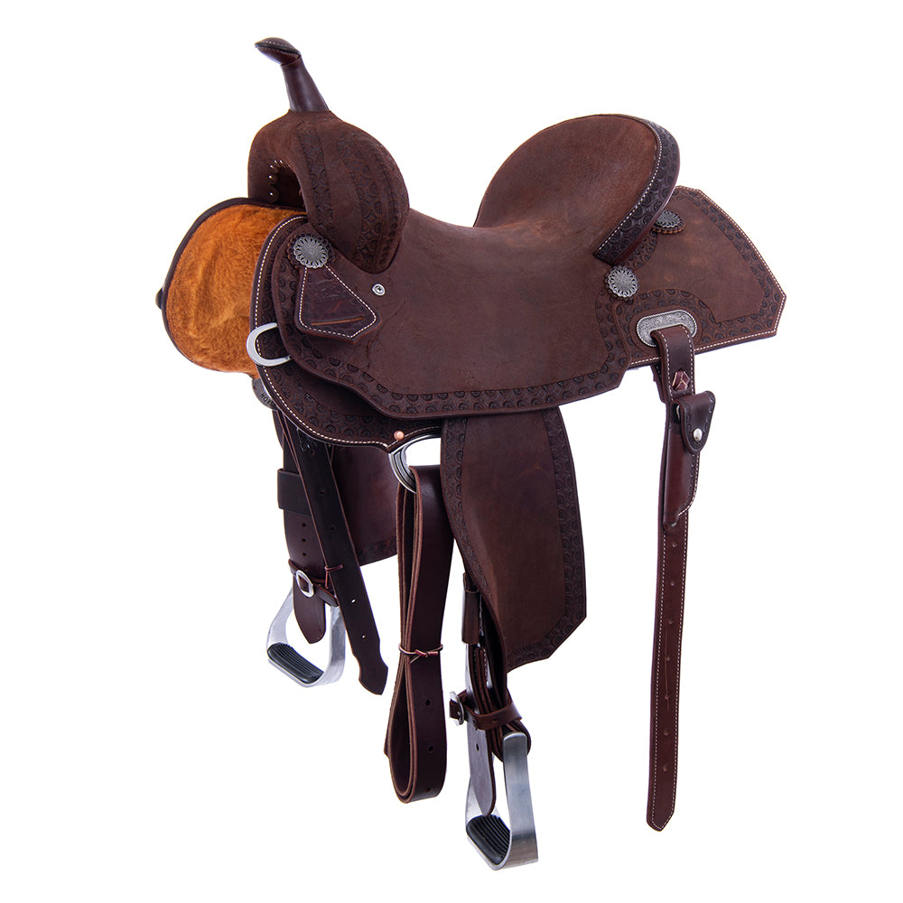 Burns Chocolate RO Barrel Saddle- Notched- Deeter Border