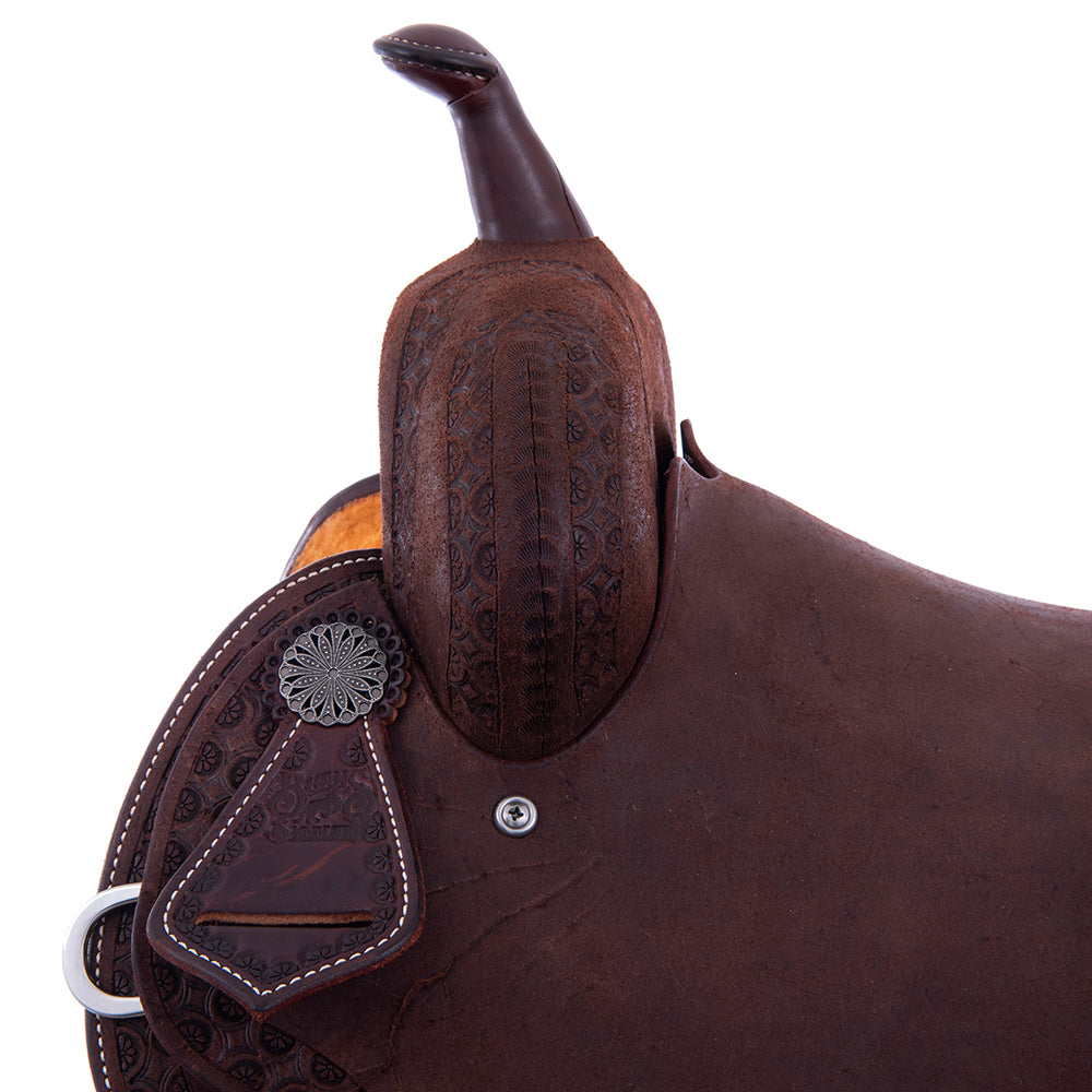 Chocolate Roughout Barrel Saddle- Notched Skirts, Deeter Border