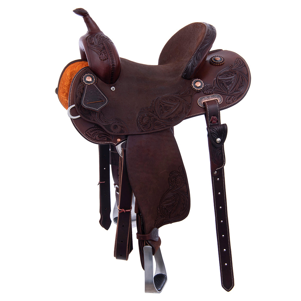 1/2 Chocolate Smooth/Roughout Barrel Saddle- Round Skirts, Feather Floral Corner, Cheyenne, Hard Seat