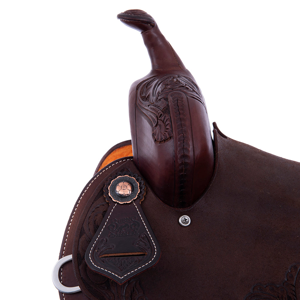 Barrel Saddle – Chocolate Leather, Smooth/Roughout, Round Skirt, Feather & Floral Corner Tooling