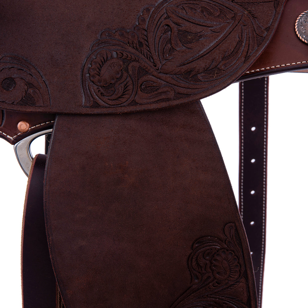 Barrel Saddle – Chocolate Leather, Smooth/Roughout, Round Skirt, Feather & Floral Corner Tooling