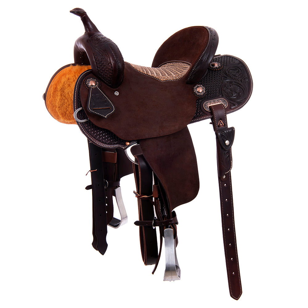 Barrel Saddle – Chocolate Leather, Smooth/Roughout, Round Skirt, 1/2 Basket Tooling, MW FC Sundance Caiman Crocodile Inlay