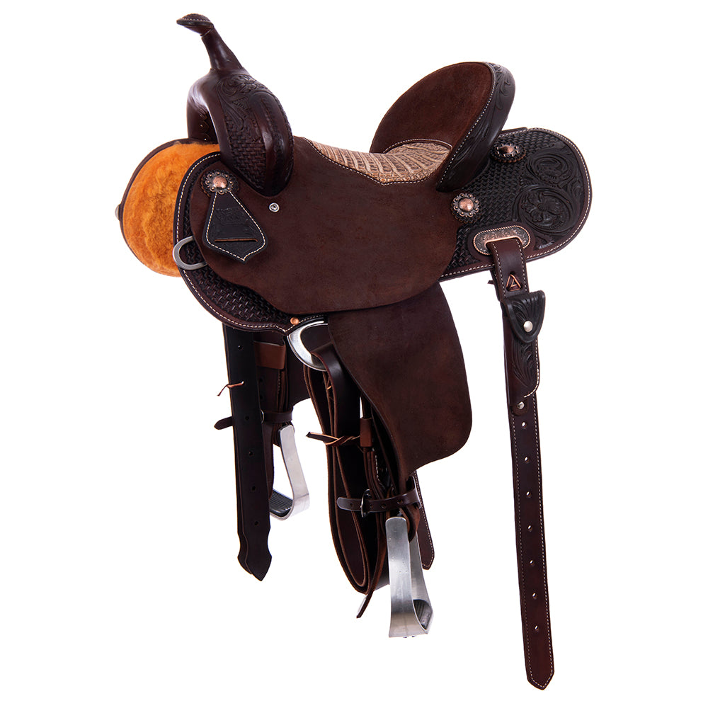 Barrel Saddle – Chocolate Leather, Smooth/Roughout, Round Skirt, 1/2 Basket Tooling and MW Floral Corner, Sundance Caiman Inlay