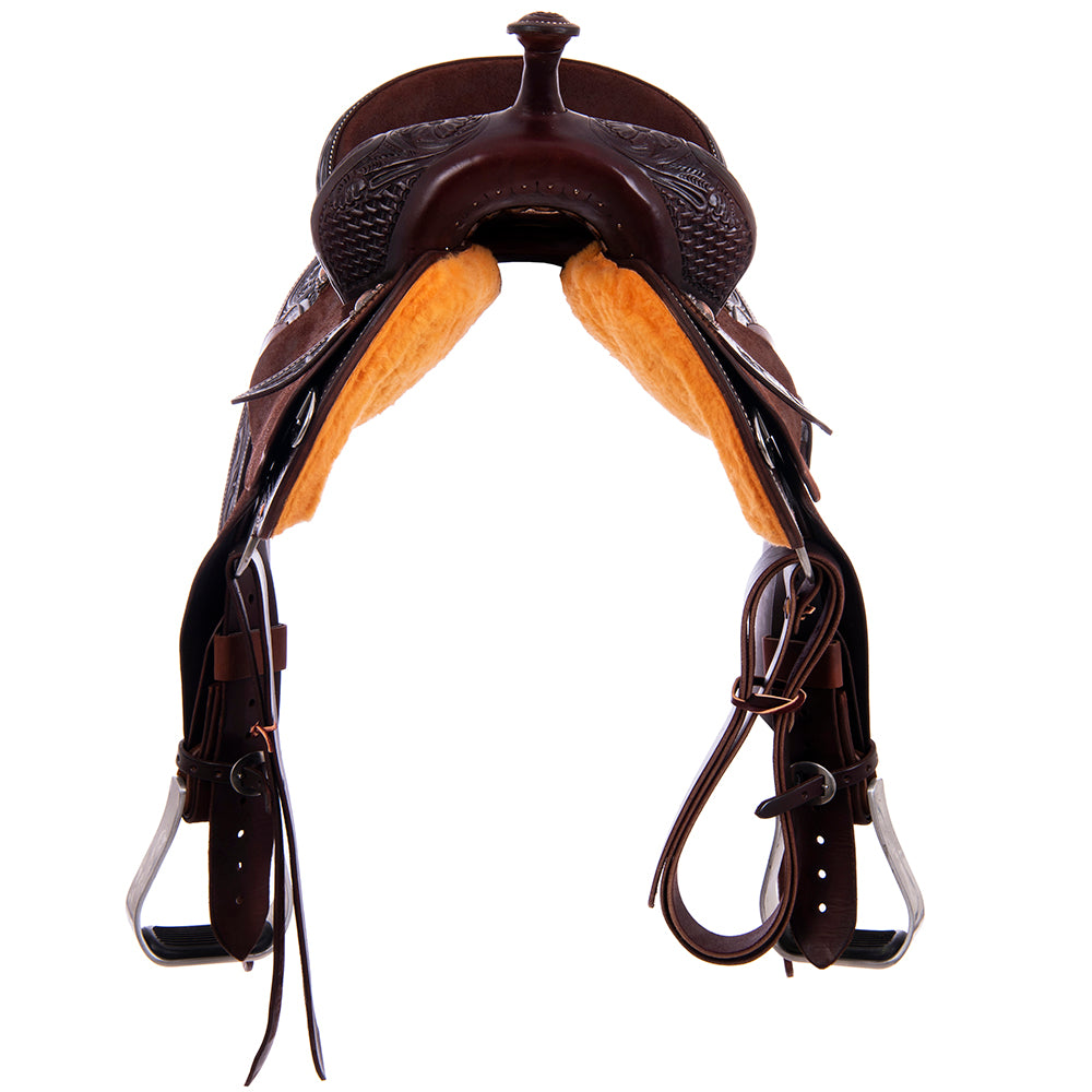 Barrel Saddle – Chocolate Leather, Smooth/Roughout, Round Skirt, 1/2 Basket Tooling, MW FC Sundance Caiman Crocodile Inlay