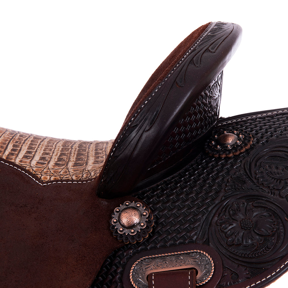 Barrel Saddle – Chocolate Leather, Smooth/Roughout, Round Skirt, 1/2 Basket Tooling, MW FC Sundance Caiman Crocodile Inlay