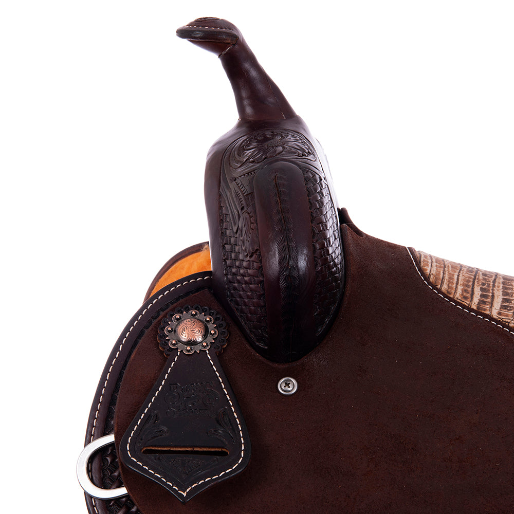 Barrel Saddle – Chocolate Leather, Smooth/Roughout, Round Skirt, 1/2 Basket Tooling, MW FC Sundance Caiman Crocodile Inlay