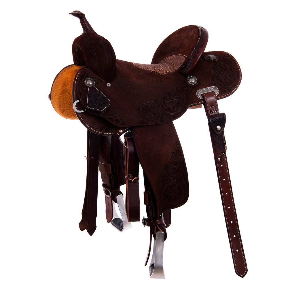 Chocolate Roughout Barrel Saddle- Round Skirts, Sunflower Floral Corner, Cheyenne, Peat Elephant Inlay