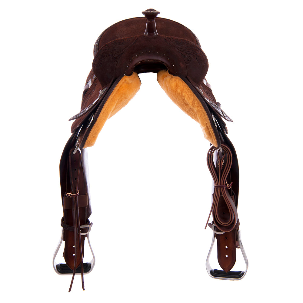 Chocolate Roughout Barrel Saddle- Round Skirts, Sunflower Floral Corner, Cheyenne, Peat Elephant Inlay