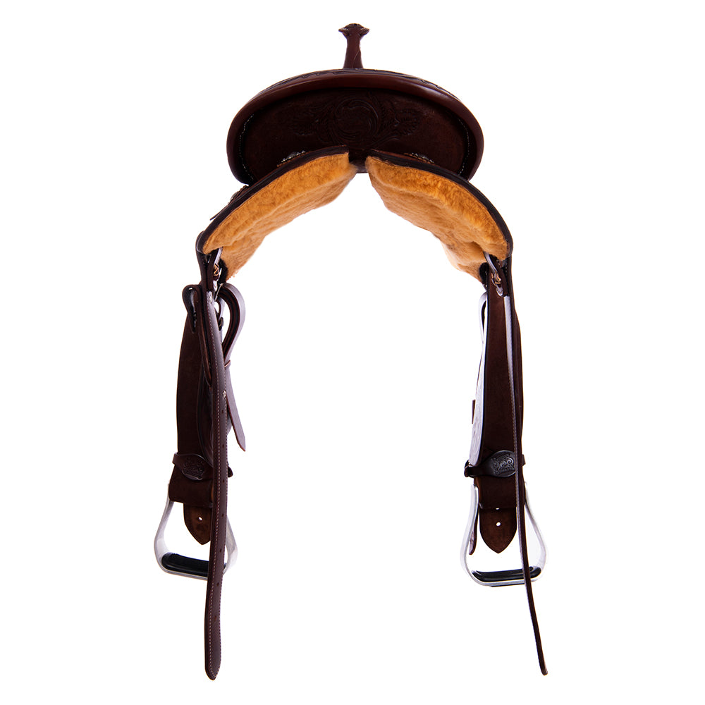 Chocolate Roughout Barrel Saddle- Round Skirts, Sunflower Floral Corner, Cheyenne, Peat Elephant Inlay