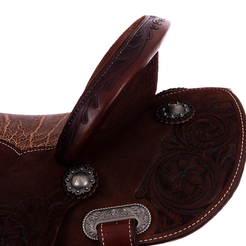 Chocolate Roughout Barrel Saddle- Round Skirts, Sunflower Floral Corner, Cheyenne, Peat Elephant Inlay
