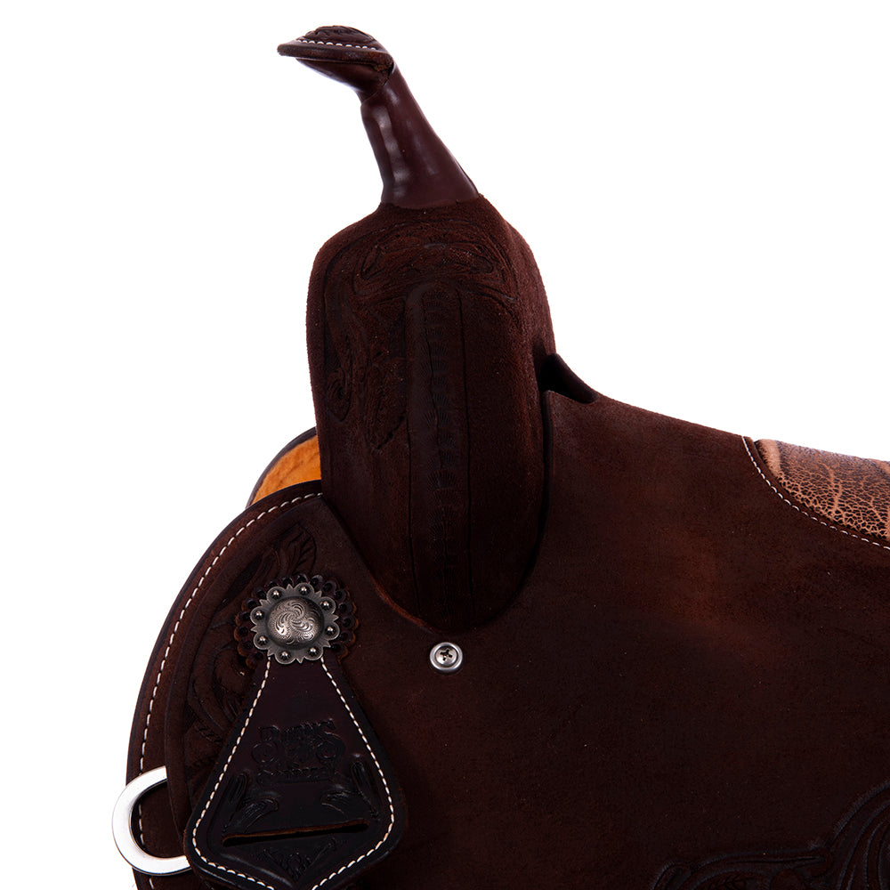 Chocolate Roughout Barrel Saddle- Round Skirts, Sunflower Floral Corner, Cheyenne, Peat Elephant Inlay