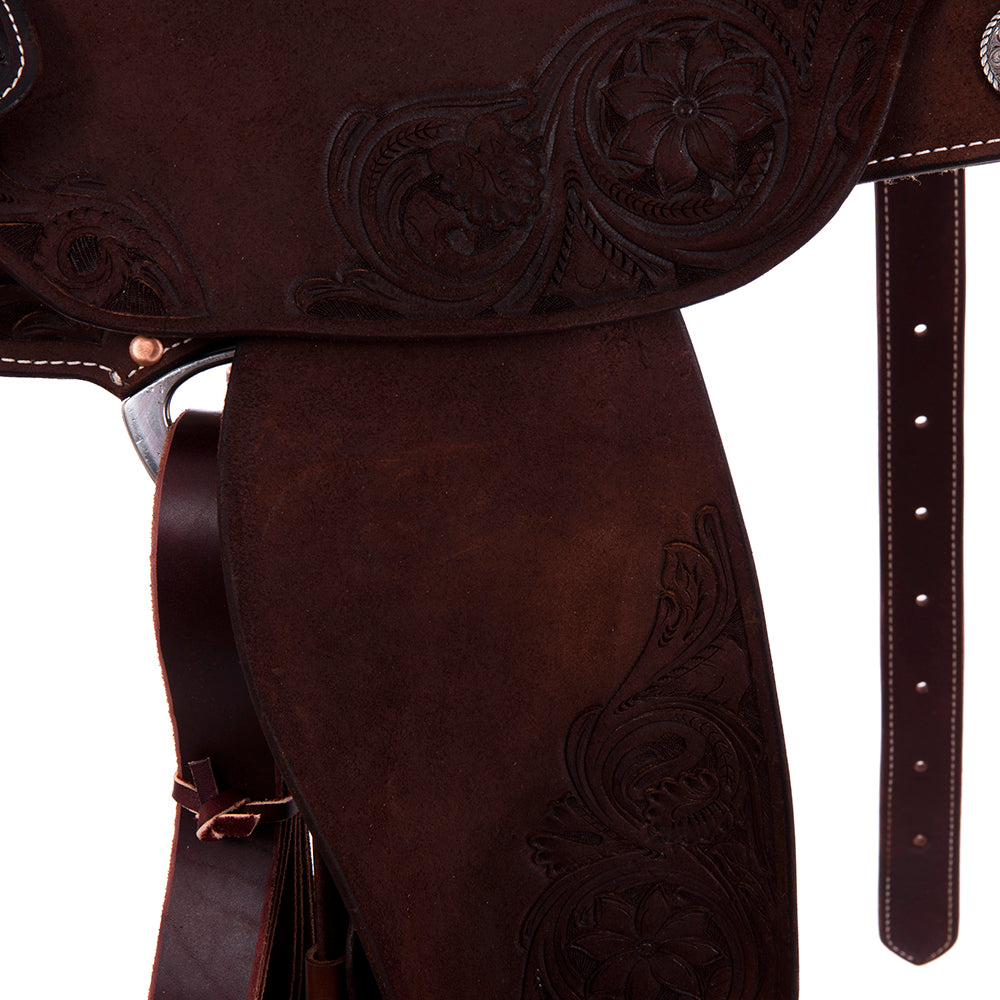 Chocolate Roughout Barrel Saddle- Round Skirts, Sunflower Floral Corner, Cheyenne, Peat Elephant Inlay