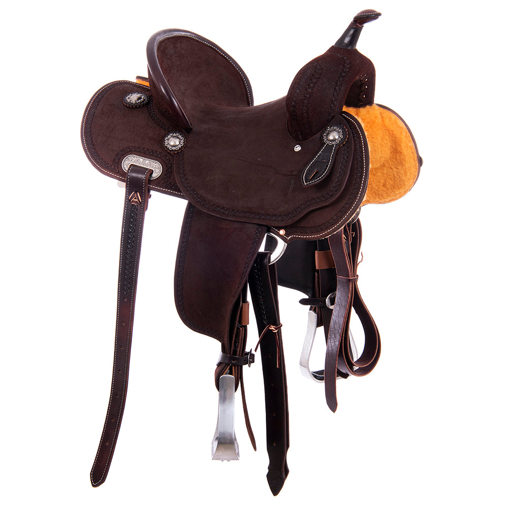 Chocolate Roughout Barrel Saddle- Round Skirts, Celtic Border, Pencil Roll, Hard Seat