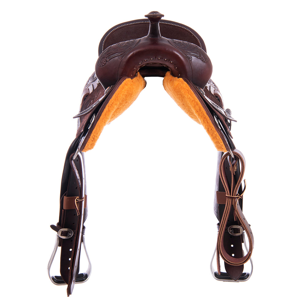 1/2 Roughout 1/2 Smooth Chocolate Barrel Saddle- Round Skirts, D Daisy, Pencil Roll, Chocolate Inlay