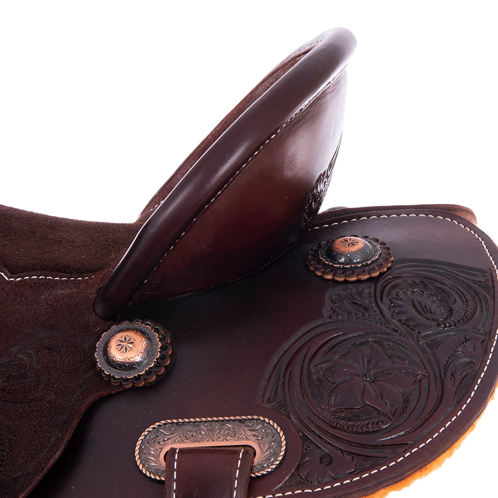 1/2 Roughout 1/2 Smooth Chocolate Barrel Saddle- Round Skirts, D Daisy, Pencil Roll, Chocolate Inlay