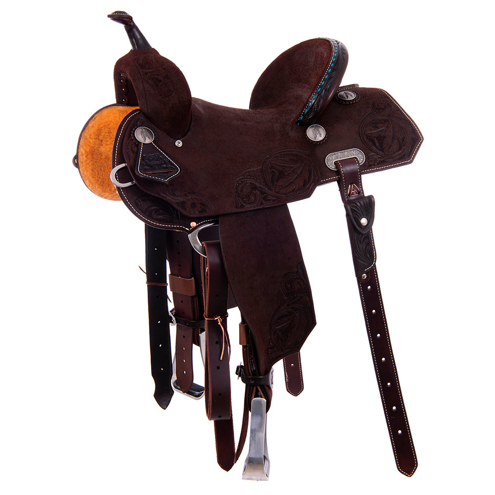 Burns Chocolate RO Barrel Saddle- Notched- Feather Floral Corner- TQ Bucksitch Binding