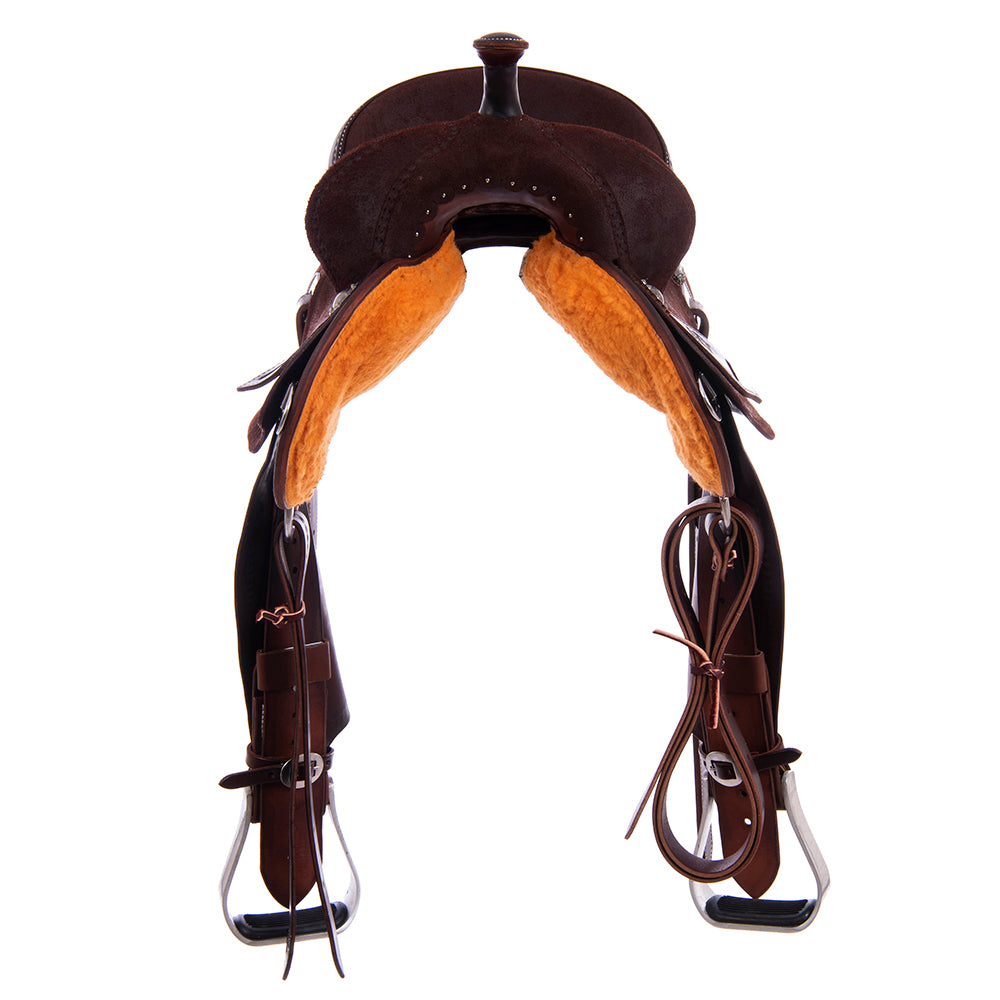 Chocolate Roughout Barrel Saddle- Round Skirts, Wishbone Border, Cheyenne, Black Inlay