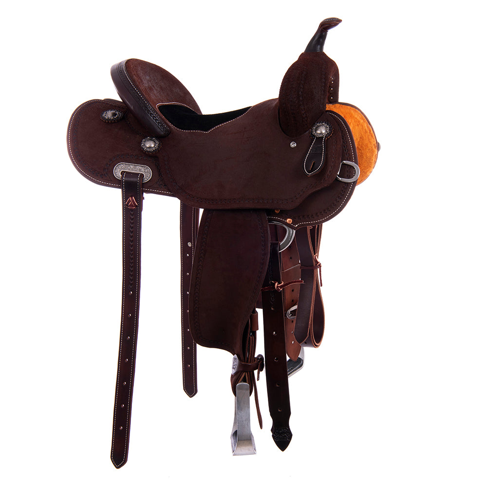 Burns Chocolate RO Barrel Saddle- Round- Wishbone Border-Black Roughout Inlay