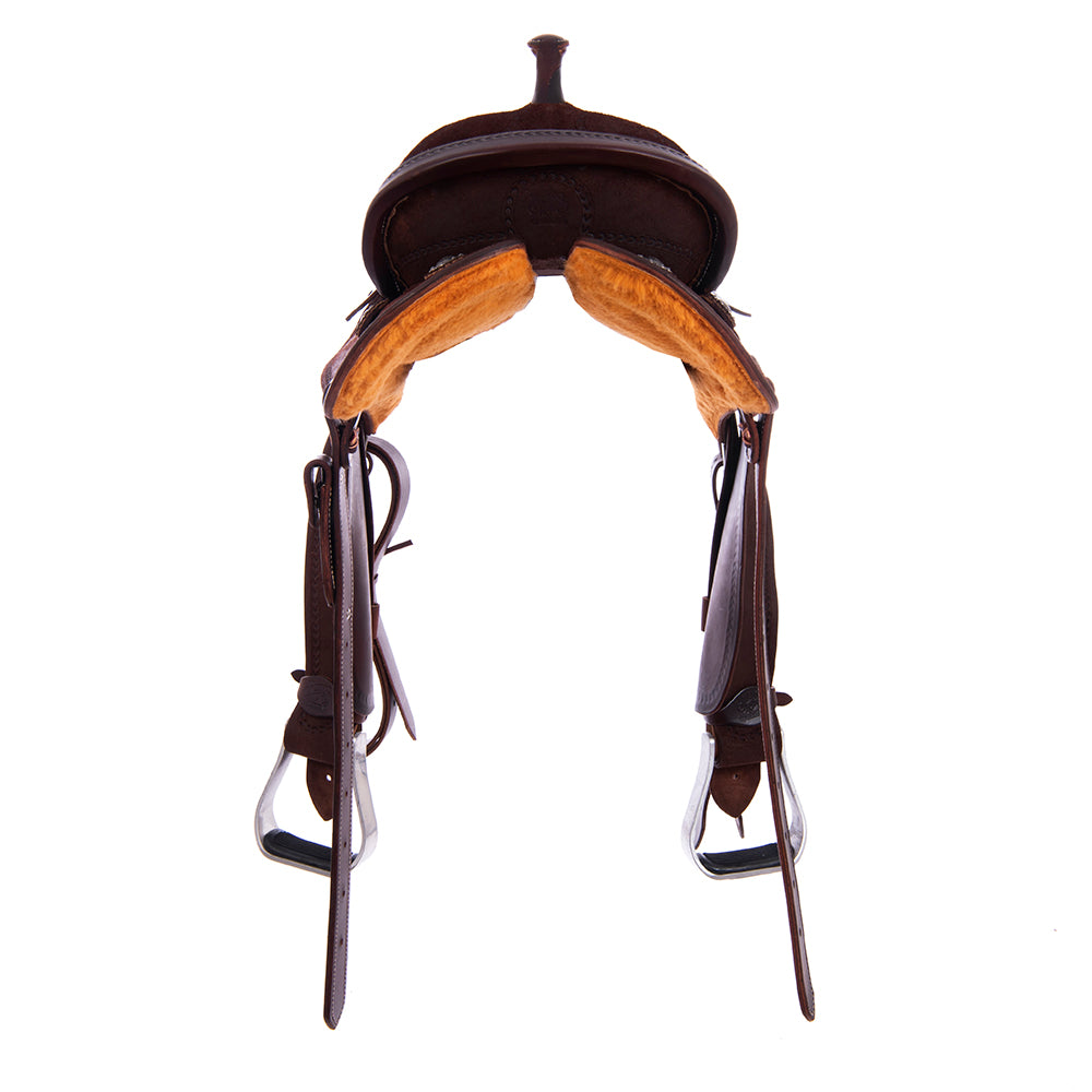 Chocolate Roughout Barrel Saddle- Round Skirts, Wishbone Border, Cheyenne, Black Inlay