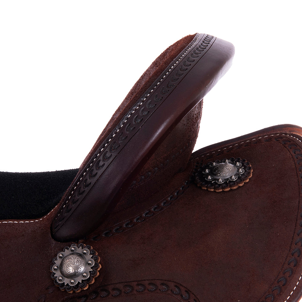 Chocolate Roughout Barrel Saddle- Round Skirts, Wishbone Border, Cheyenne, Black Inlay