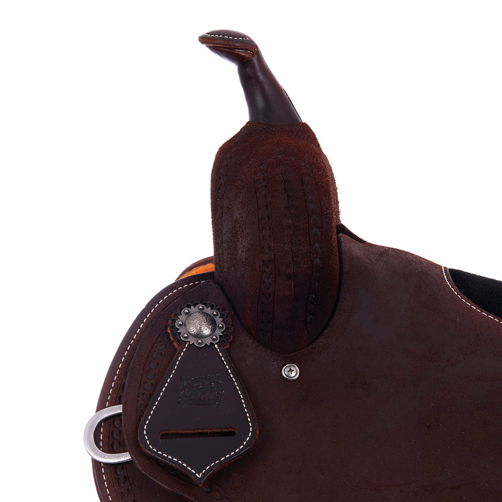 Chocolate Roughout Barrel Saddle- Round Skirts, Wishbone Border, Cheyenne, Black Inlay