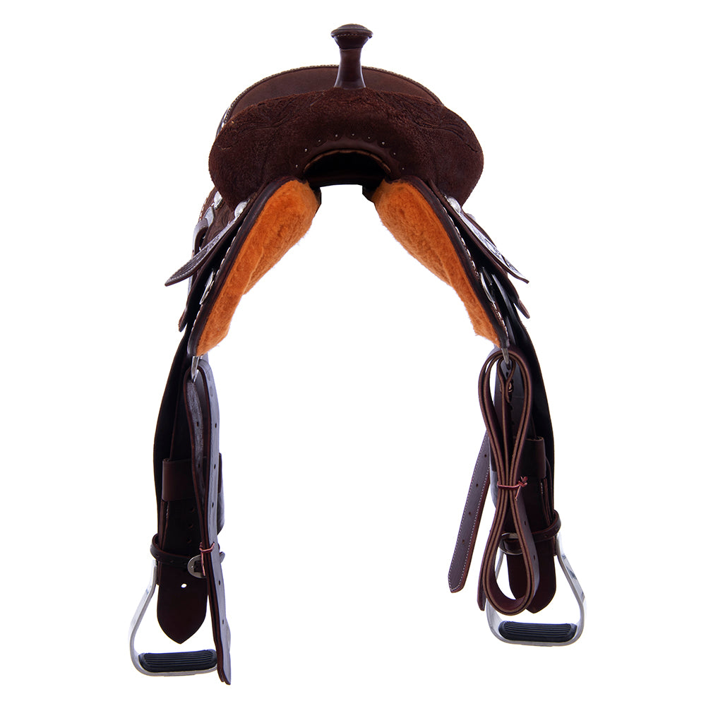 Barrel Saddle – Chocolate Roughout, Round Skirt, White Buckstitch, Feather & Floral Tooling