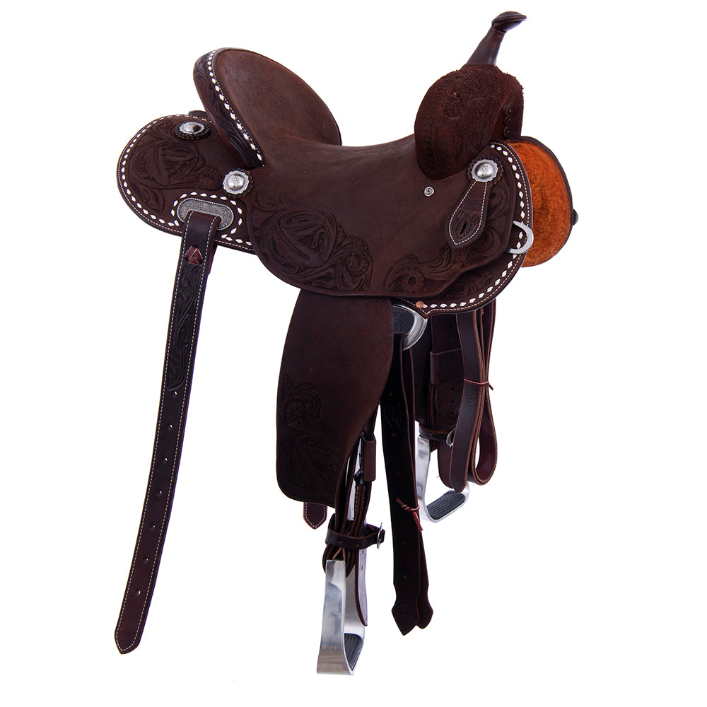 Barrel Saddle – Chocolate Roughout, Round Skirt, White Buckstitch, Feather & Floral Tooling