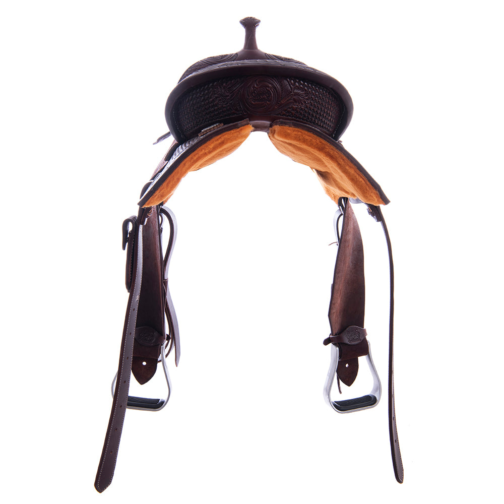 Barrel Saddle – Chocolate Smoothout/Roughout, Notched Skirt, 1/2 Basket Tooling with MW Floral Accents