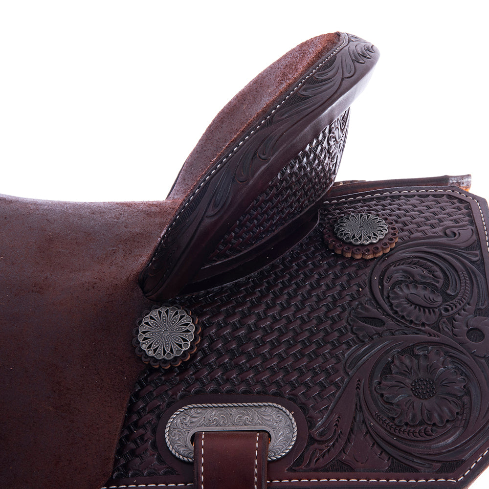 Barrel Saddle – Chocolate Smoothout/Roughout, Notched Skirt, 1/2 Basket Tooling with MW Floral Accents
