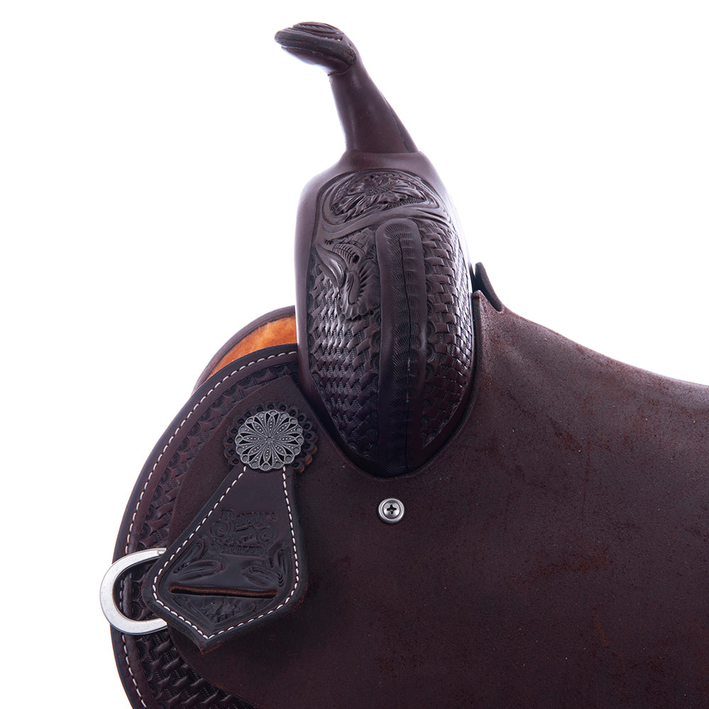Barrel Saddle – Chocolate Smoothout/Roughout, Notched Skirt, 1/2 Basket Tooling with MW Floral Accents