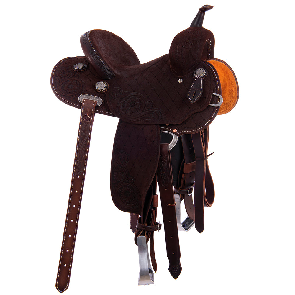 Burns Chocolate RO Barrel Saddle- Round- Full Quilt/MW Flower