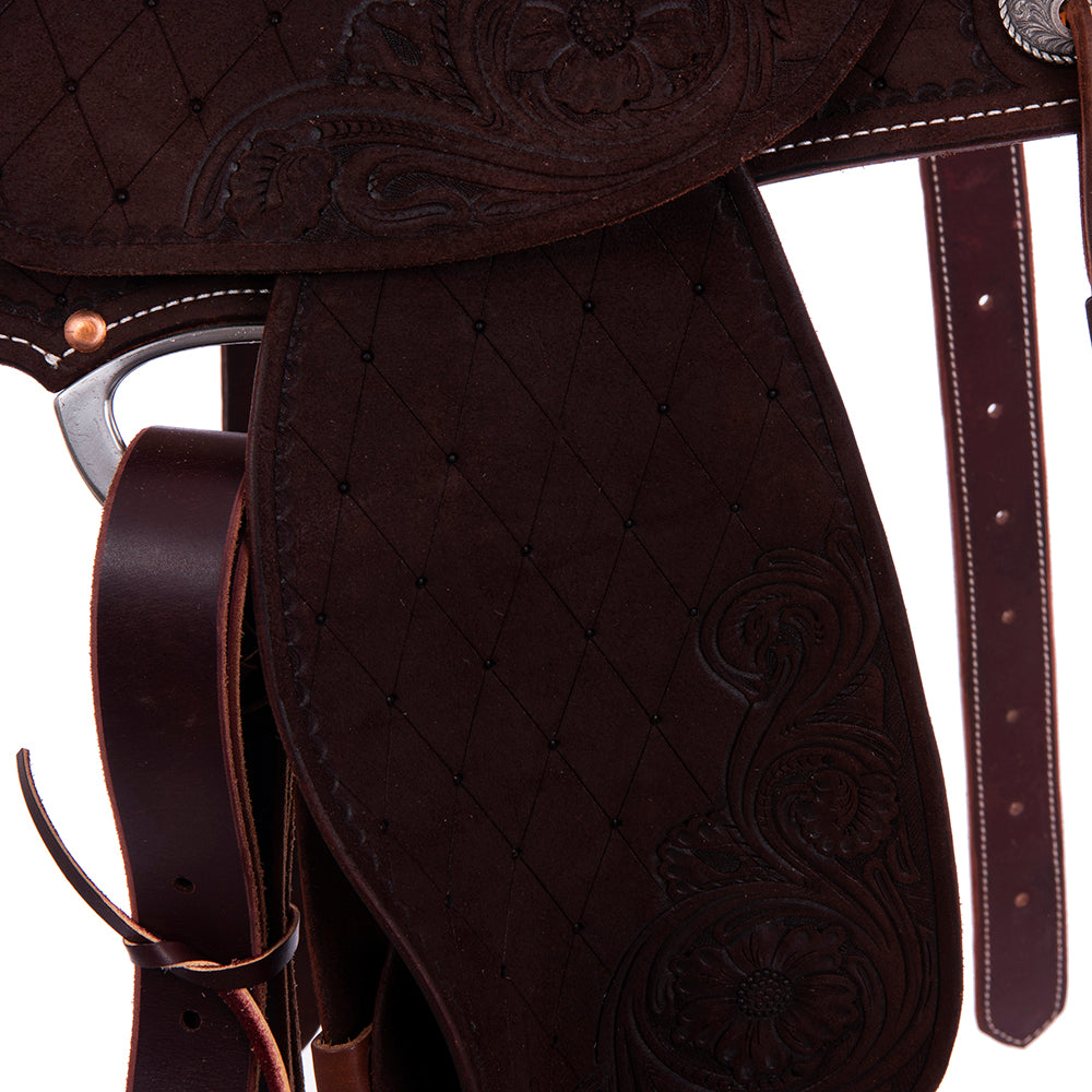 Burns Chocolate RO Barrel Saddle- Round- Full Quilt/MW Flower