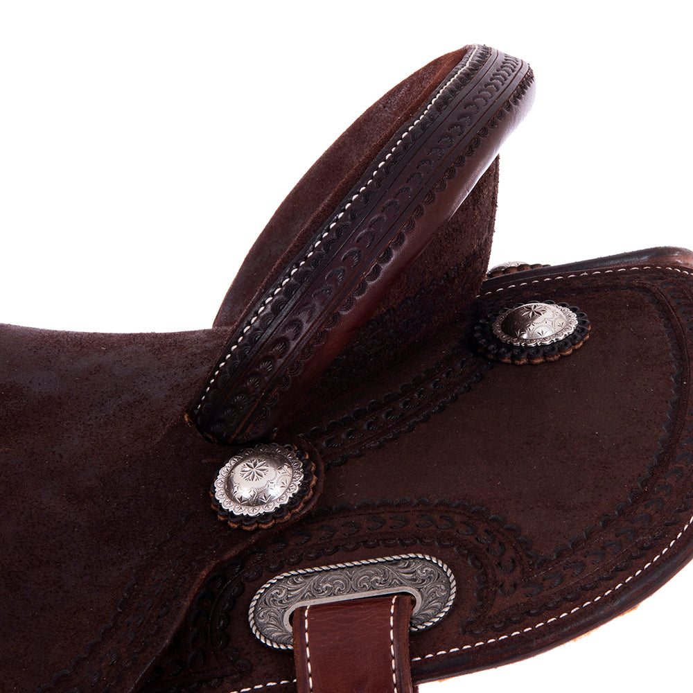 Burns Chocolate RO Barrel Saddle - Round - Fancy Wishbone