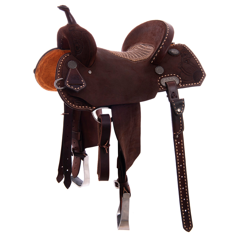 Chocolate Roughout Barrel Saddle - Notched Natural Buckstitch Sunny Dazy Floral Corner