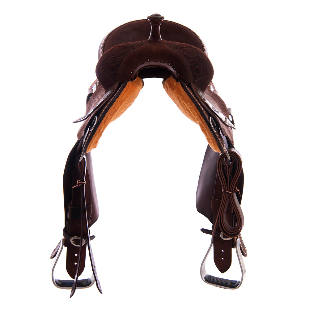 Chocolate Roughout Barrel Saddle - Notched Skirts, Natural Buckstitch, 1/2 Sunny Daze, Caiman Inlay