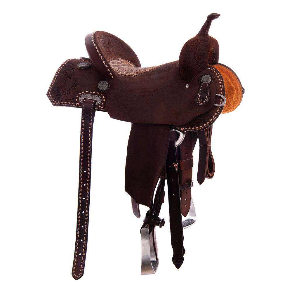 Chocolate Roughout Barrel Saddle - Notched Skirts, Natural Buckstitch, 1/2 Sunny Daze, Caiman Inlay