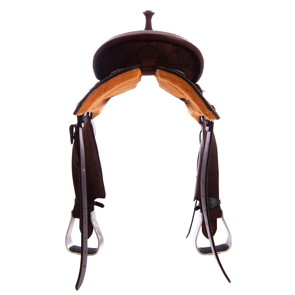Chocolate Roughout Barrel Saddle - Notched Skirts, Natural Buckstitch, 1/2 Sunny Daze, Caiman Inlay