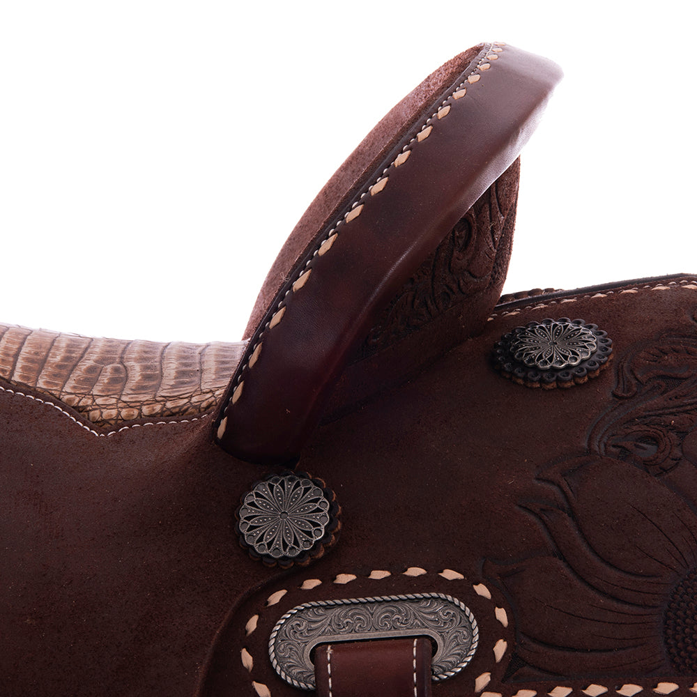 Chocolate Roughout Barrel Saddle - Notched Natural Buckstitch Sunny Dazy Floral Corner